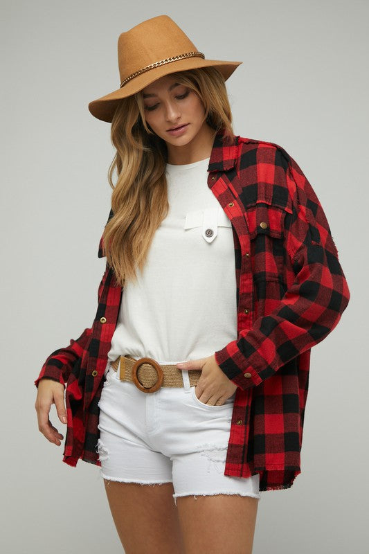 PLAID EMBROIDERED PATCH BUTTON DOWN JACKET