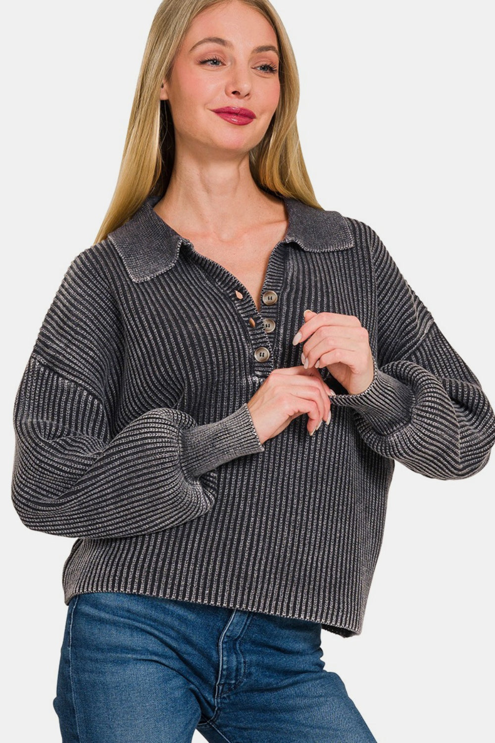 Zenana Washed Half Button Long Sleeve Sweater