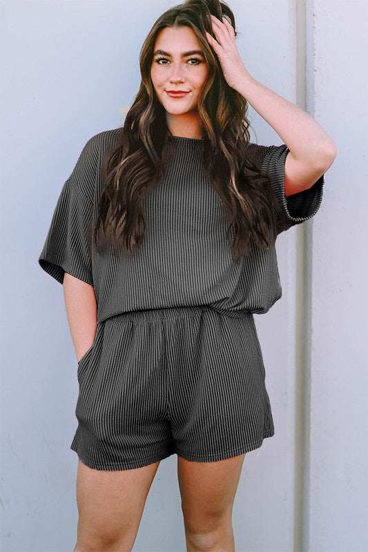 Ribbed Textured Knit Loose Tee and Shorts Set