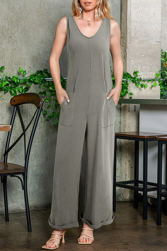 Corded Tie Straps V Neck Wide Leg Jumpsuit