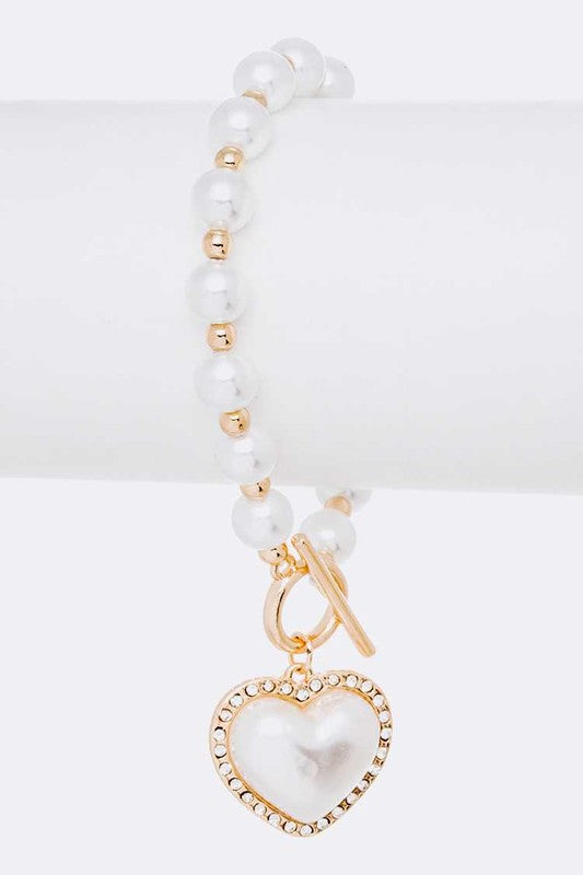 Faux Pearl Heart Pendant Toggle Bracelet