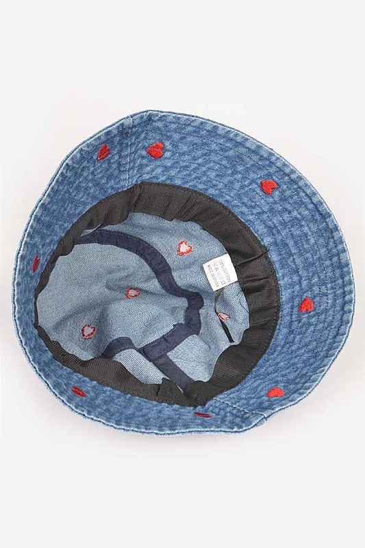 Heart Embroidered Denim Bucket Hat