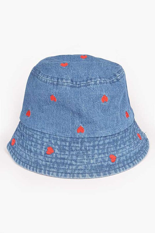 Heart Embroidered Denim Bucket Hat