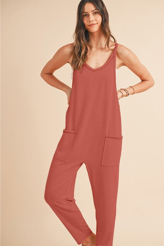 Side Pockets Pants Sleeveless V Neck Jumpsuit