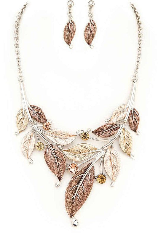 Metal Leaf Statement Necklace Set