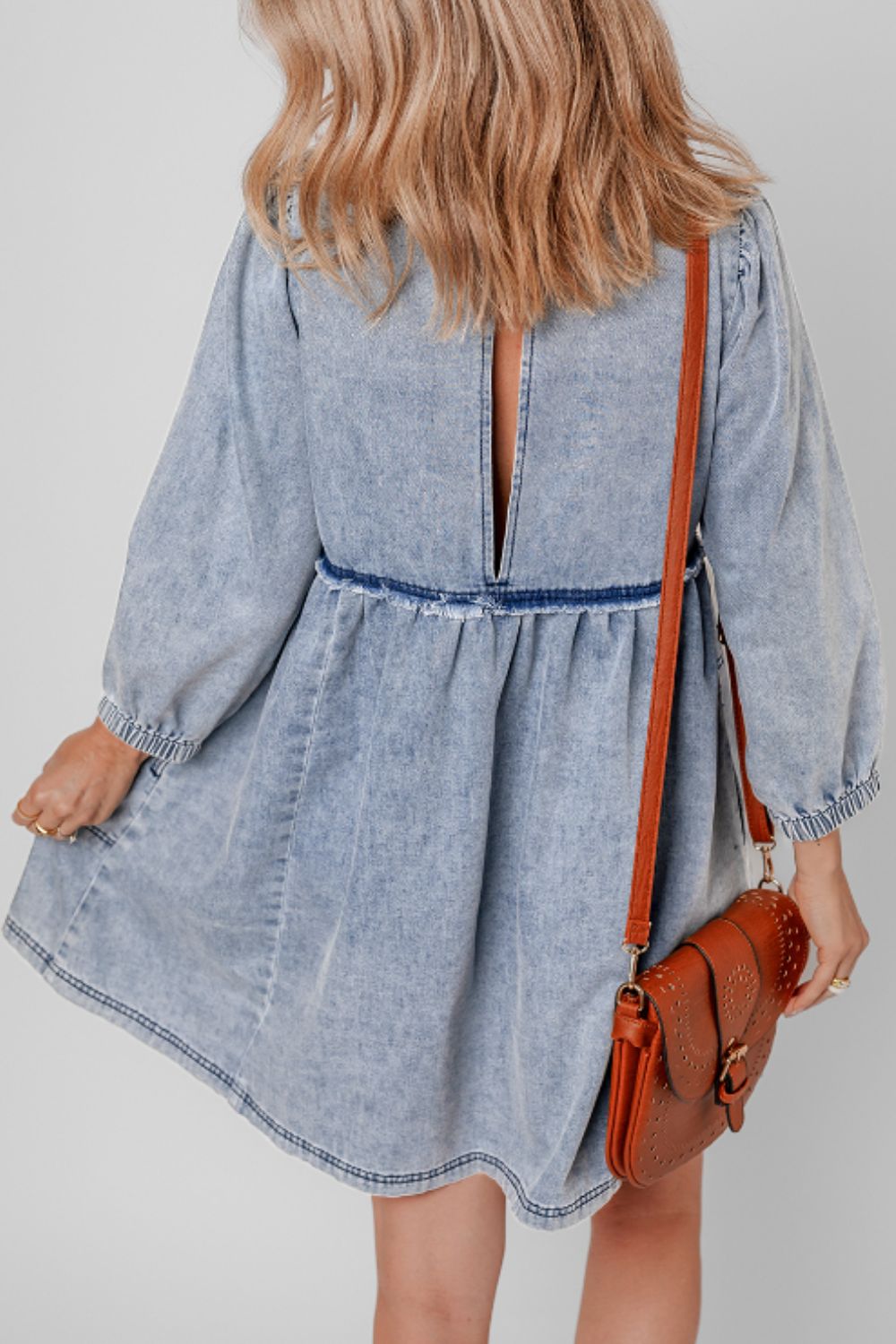 Cutout Round Neck Balloon Sleeve Denim Dress