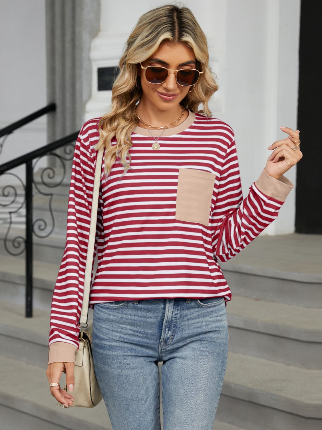 Pocketed Striped Round Neck Long Sleeve T-Shirt