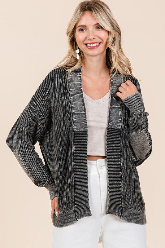 Mittoshop Contrast Patch Open Front Mineral Wash Cardigan