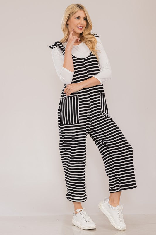 Celeste Full Size Striped Scoop Neck Overalls with Pockets