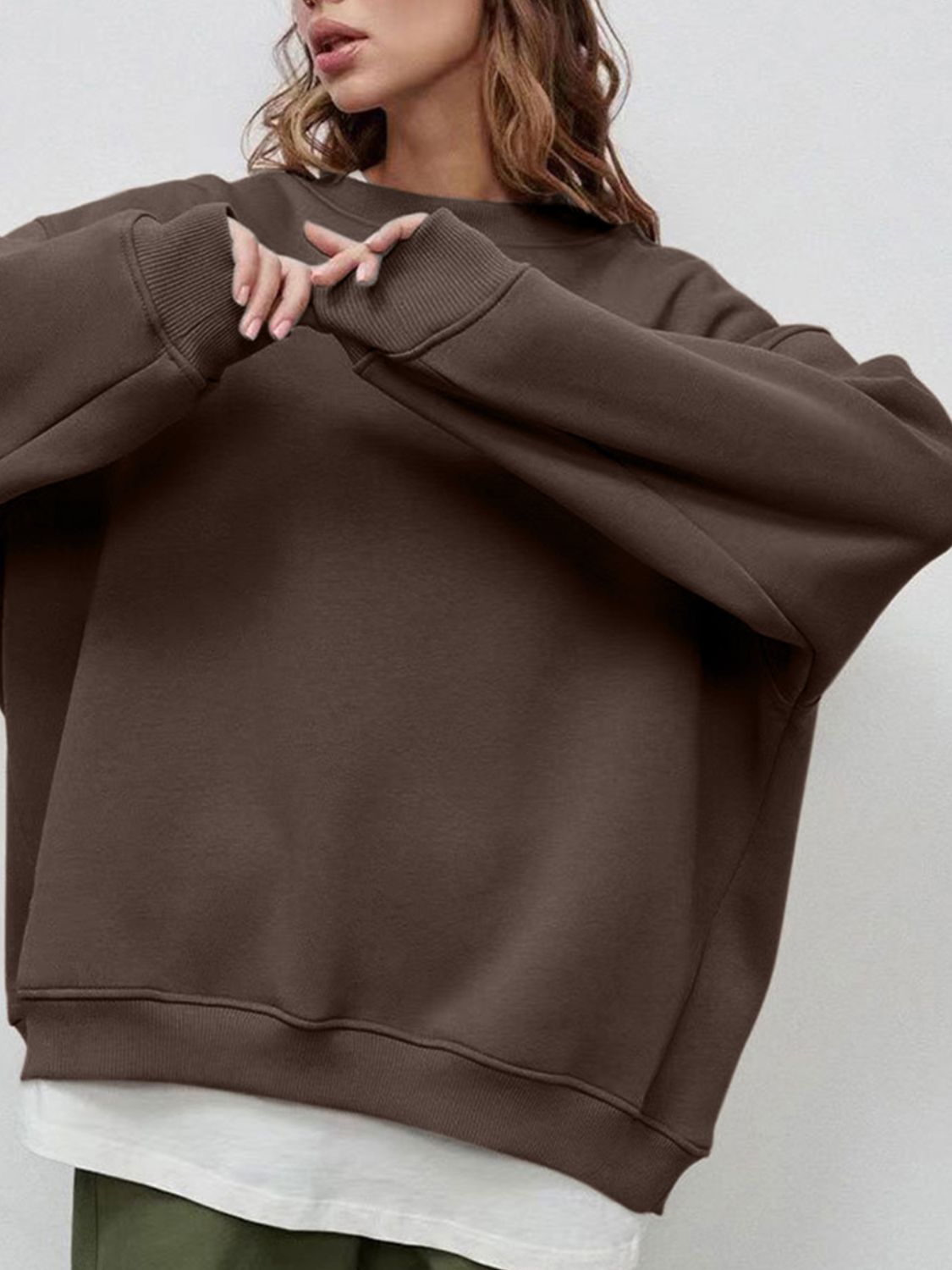 Round Neck Dropped Shoulder Long Sleeve Sweatshirt