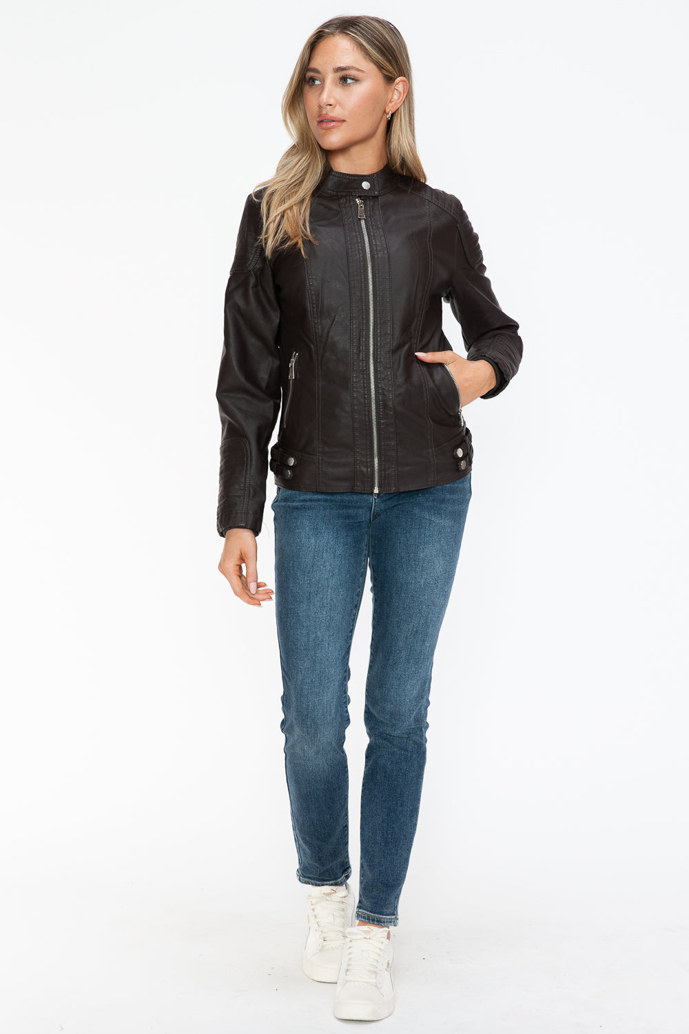 Snobbish Faux Leather Biker Jacket with Side Zip Pockets