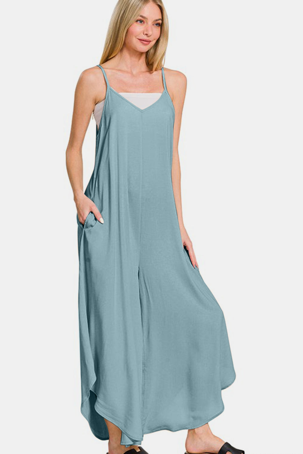 Zenana Spaghetti Strap Wide Leg Overalls with Pockets