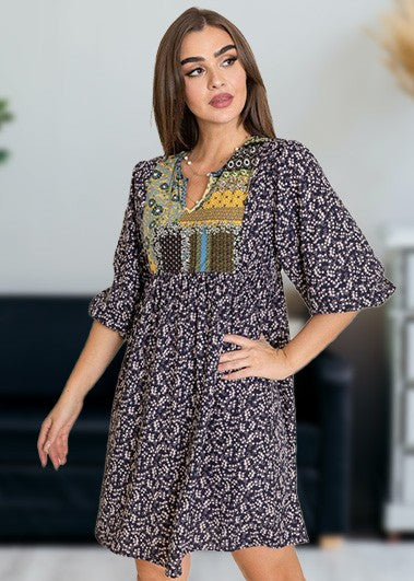 3/4 sleeve Ditsy Floral Patch Panel Boho Dress