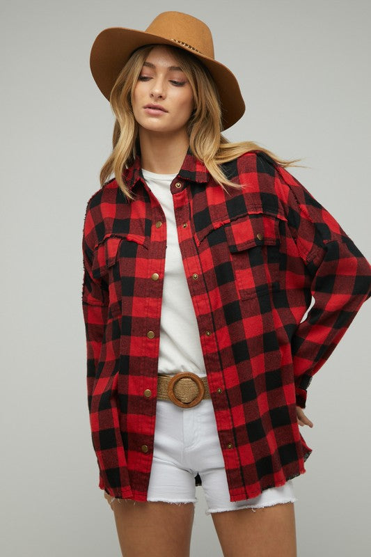 PLAID EMBROIDERED PATCH BUTTON DOWN JACKET