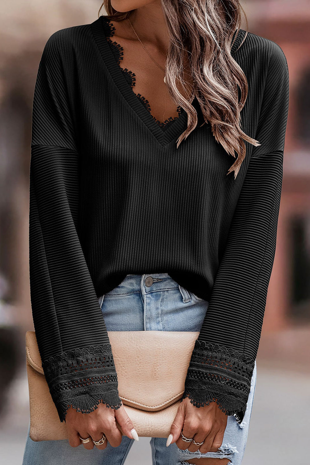 Lace Detail V-Neck Long Sleeve T-Shirt