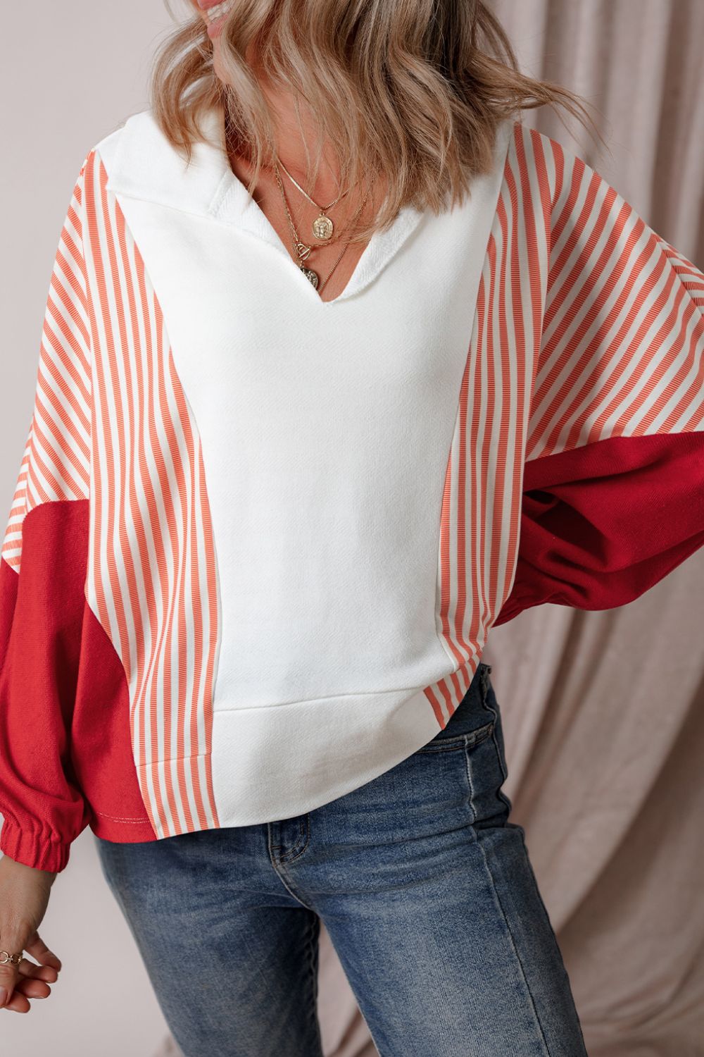 Striped Johnny Collar Long Sleeve Sweatshirt