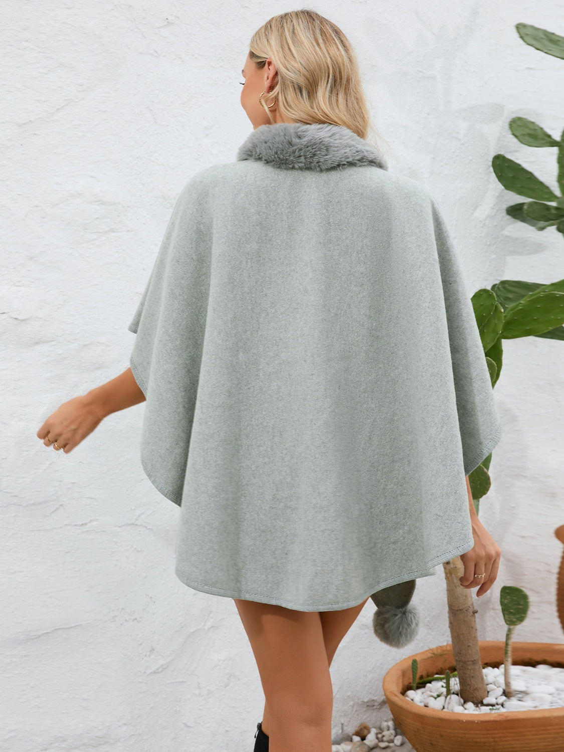 Fuzzy Trim Open Front Poncho