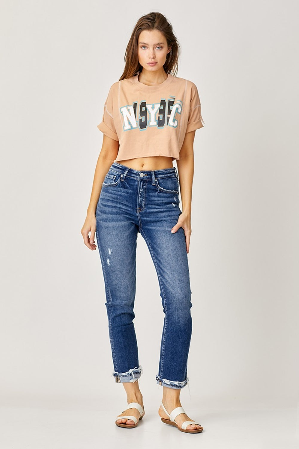 Risen Full Size High-Rise Frayed Cuffed Straight Jeans