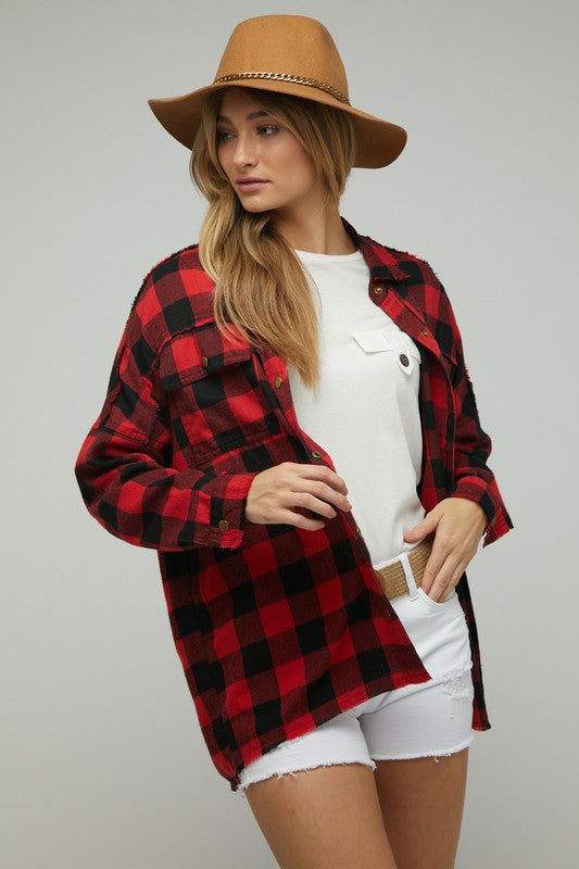 PLAID EMBROIDERED PATCH BUTTON DOWN JACKET