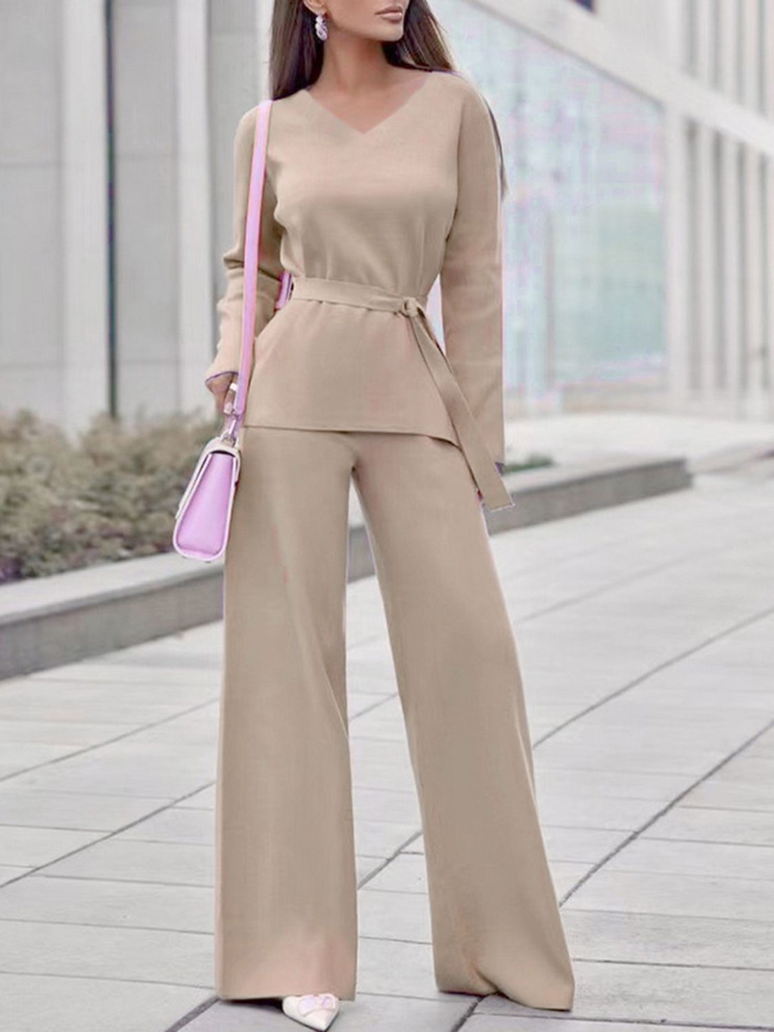 V-Neck Long Sleeve Top and Drawstring Pants Sweater Set