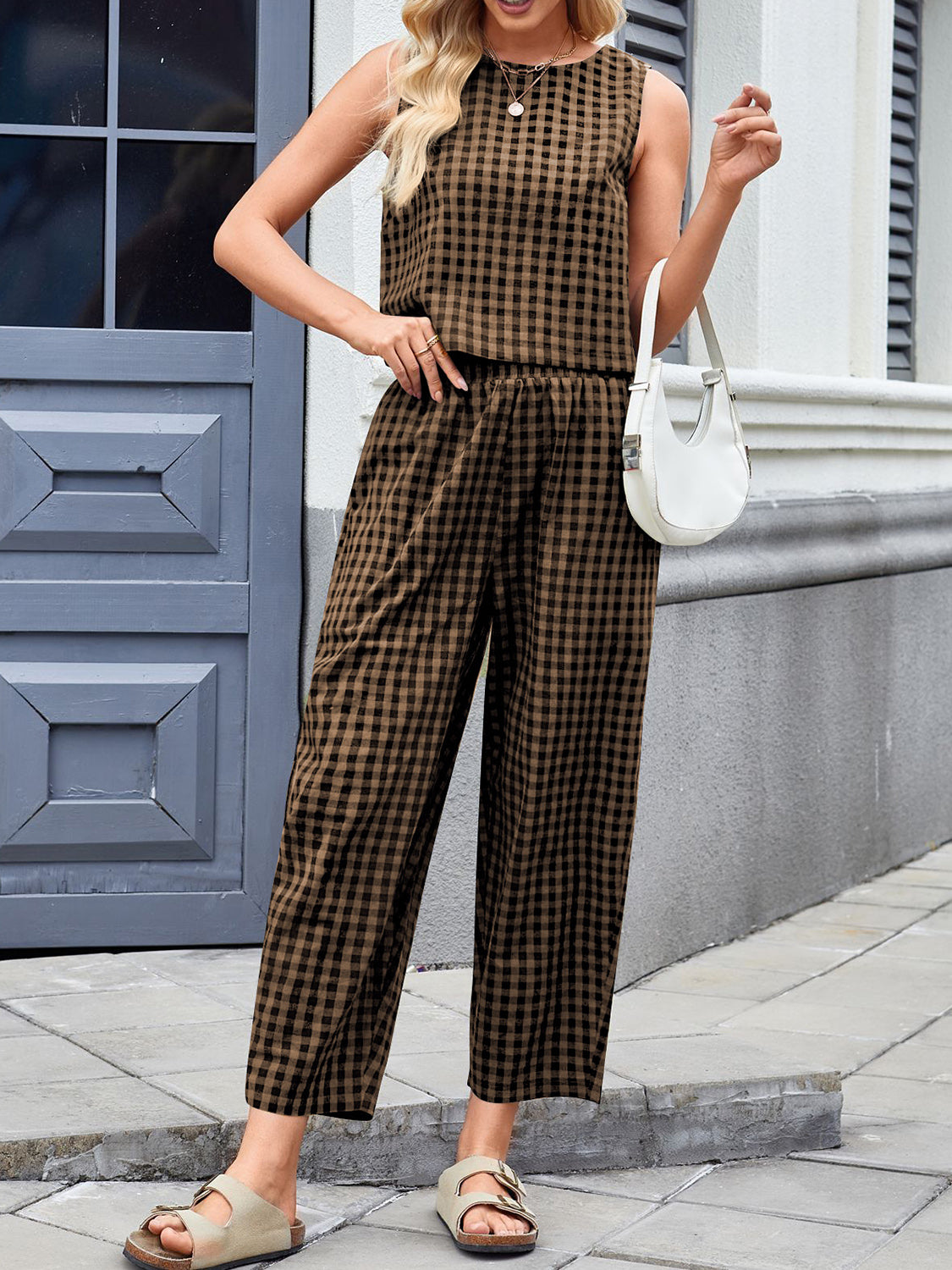 Lovelet Plaid Round Neck Sleeveless Top and Pants Set