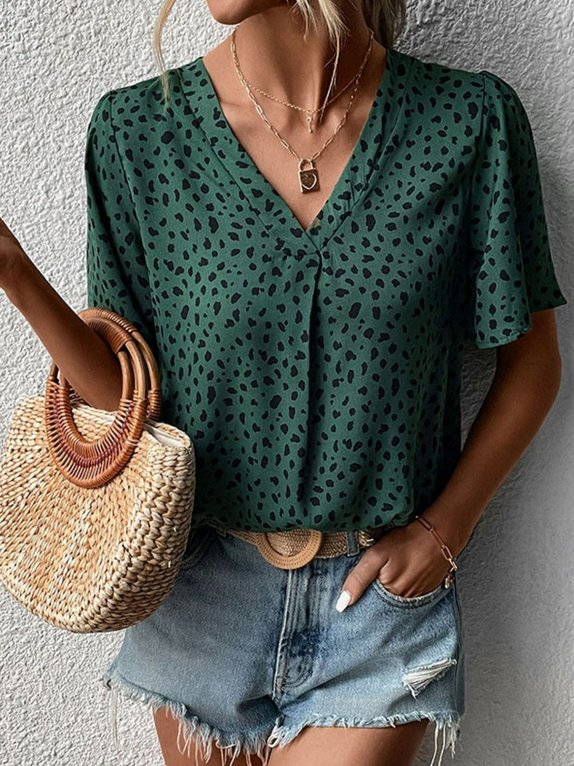 Perfee Animal Print V-Neck Flutter Sleeve Blouse