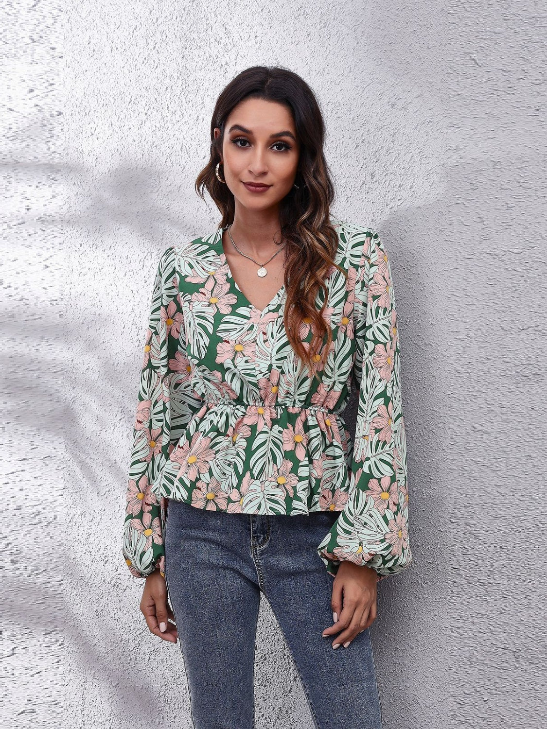 Ruched Printed V-Neck Long Sleeve Blouse