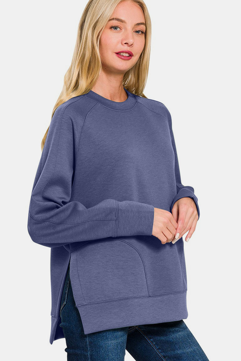 Zenana Scuba Round Neck Side Slit Sweatshirt