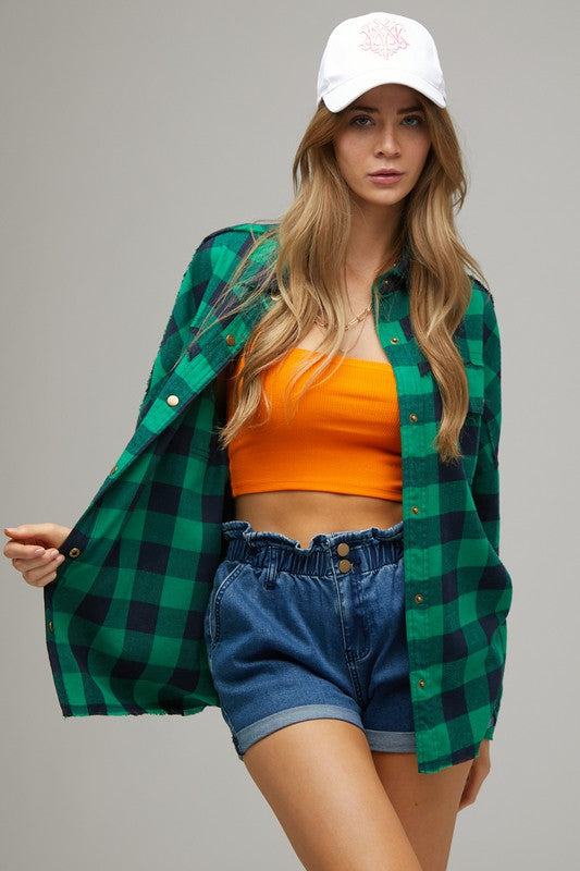 PLAID EMBROIDERED PATCH BUTTON DOWN JACKET