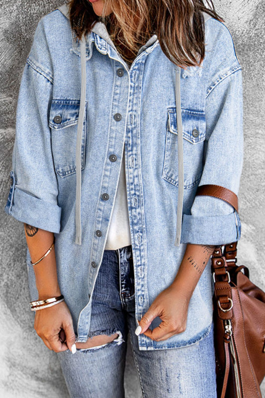 Distressed Button Up Hooded Denim Jacket with Pockets