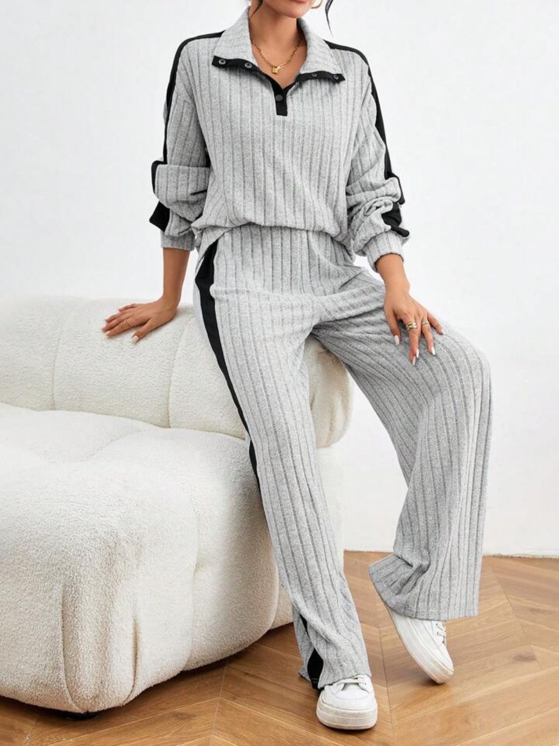 Contrast Collared Neck Long Sleeve Top and Pants Set