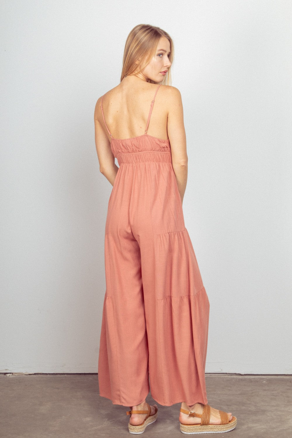 VERY J Sleeveless Ruched Wide Leg Jumpsuit