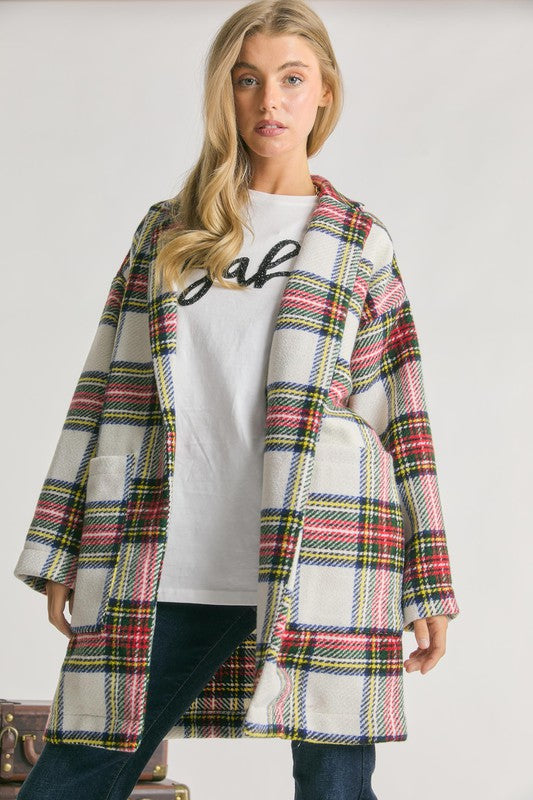 MULTI PLAID LOOSE FIT OPEN JACKET