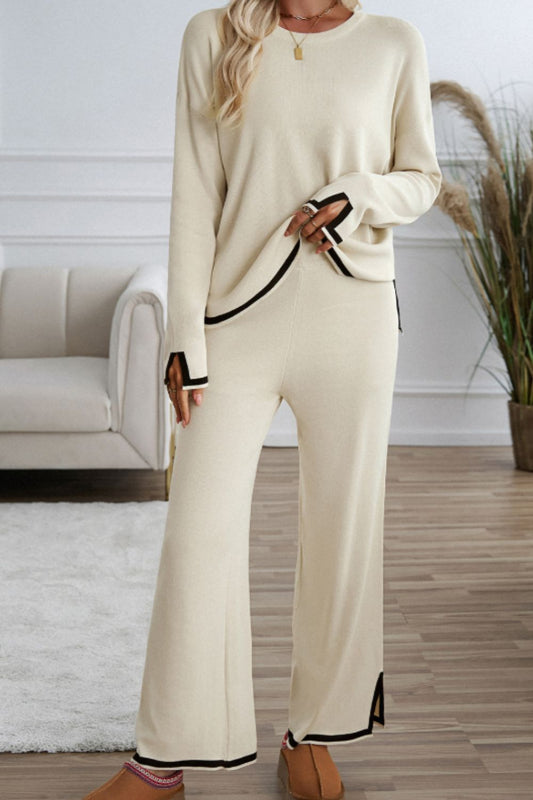 Contrast Trim Round Neck Top and Pants Sweater Set