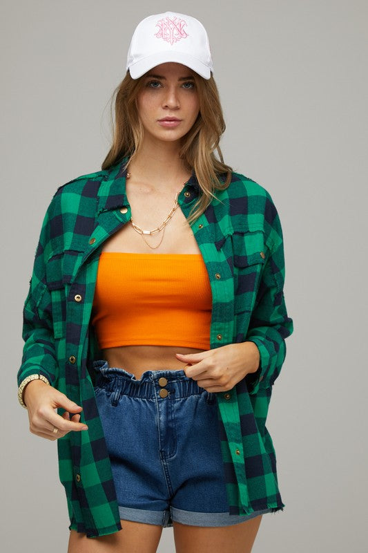 PLAID EMBROIDERED PATCH BUTTON DOWN JACKET