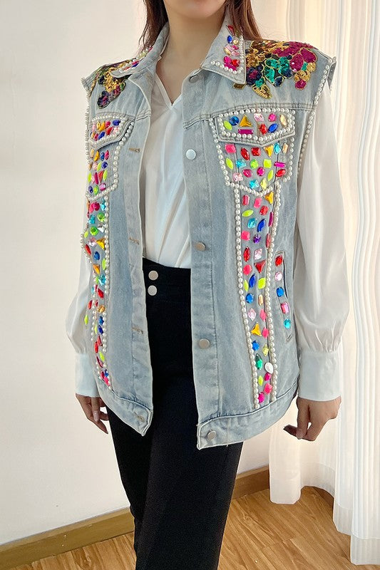 SLEEVELESS DENIM VEST WITH CRYSTAL AND PEARL