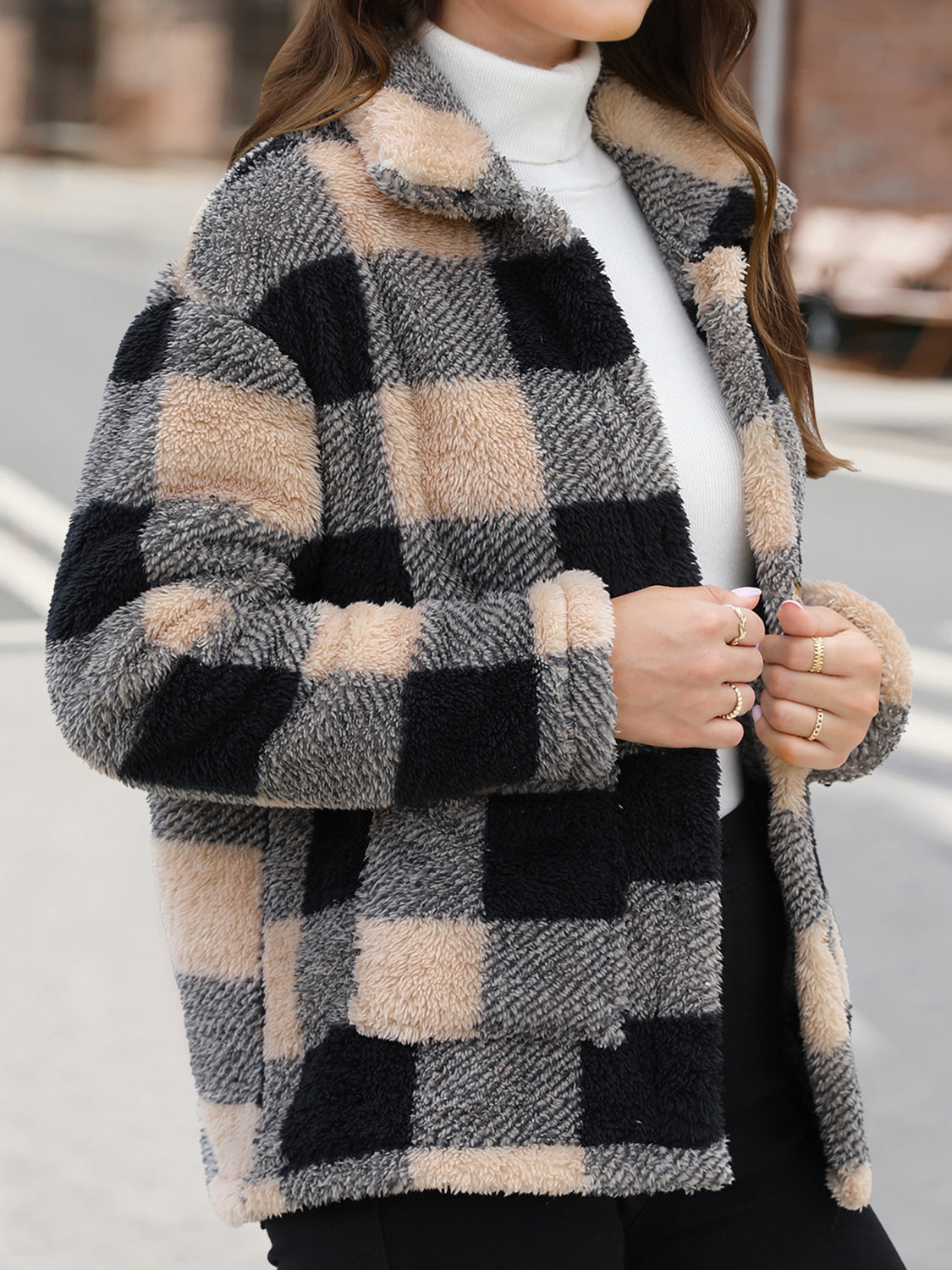 Button Up Drop Shoulder Fuzzy Jacket