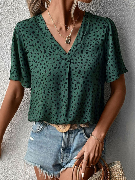 Perfee Animal Print V-Neck Flutter Sleeve Blouse