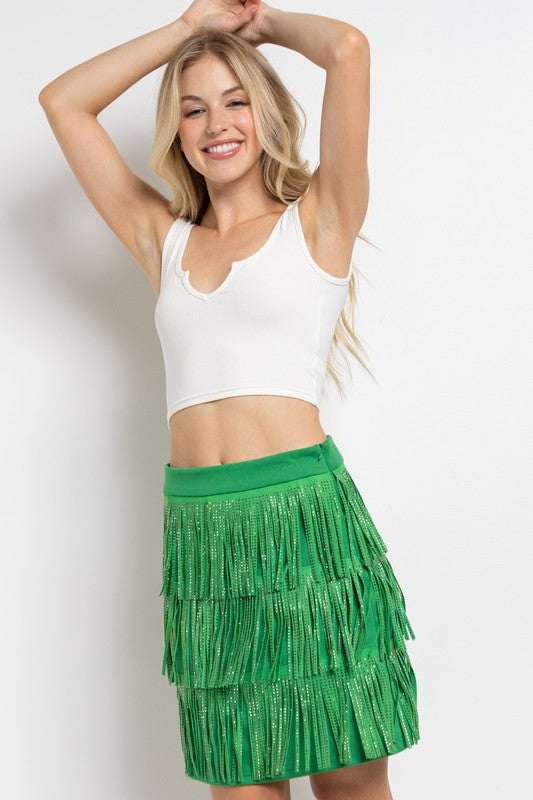 RHINESTONE SUEDE FRINGE SKIRT