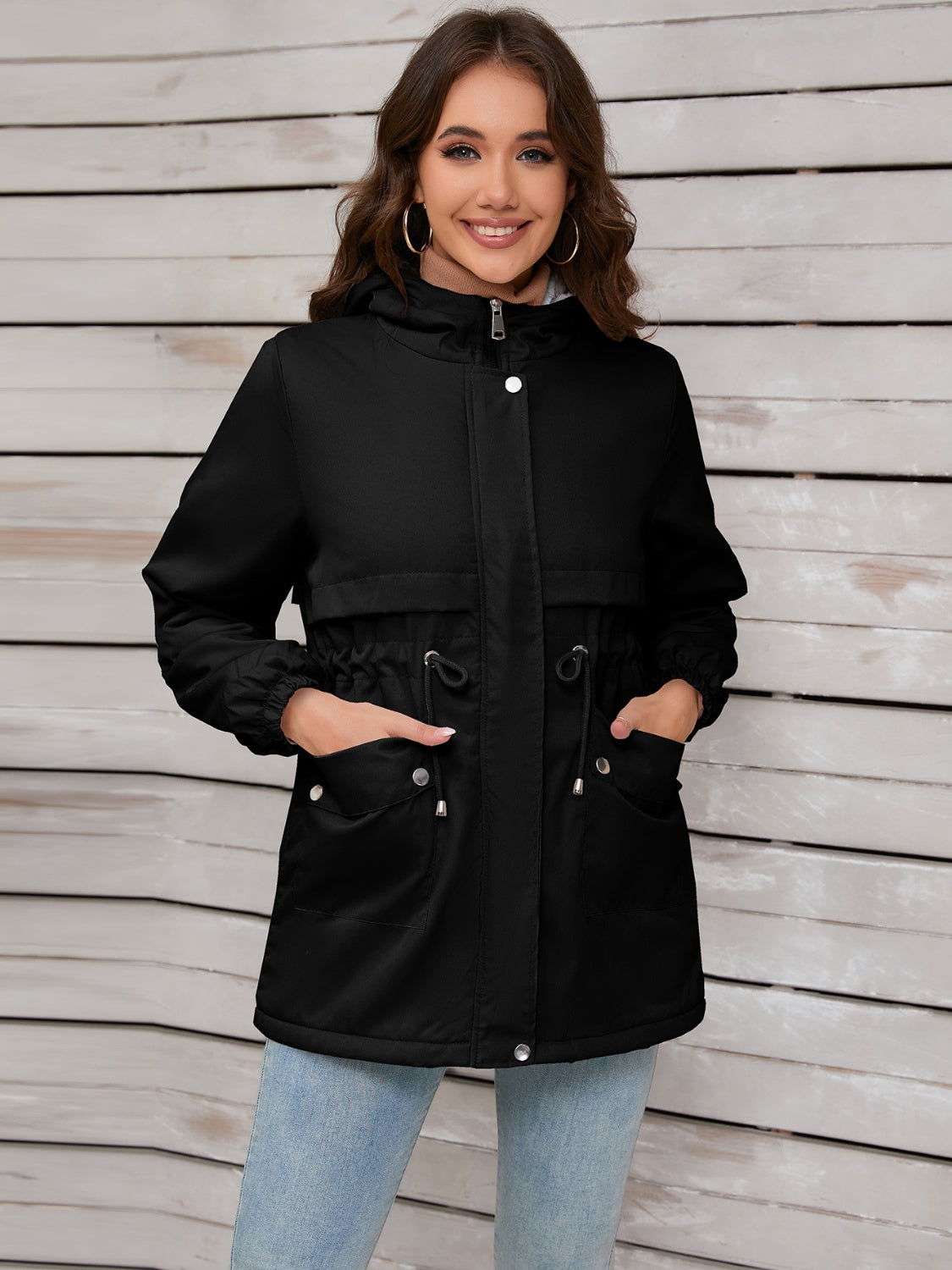 Drawstring Long Sleeve Hooded Jacket