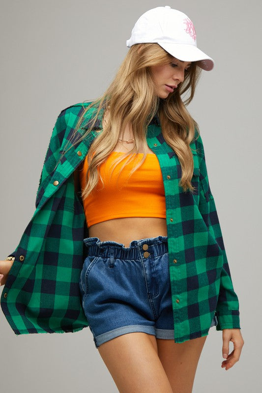 PLAID EMBROIDERED PATCH BUTTON DOWN JACKET