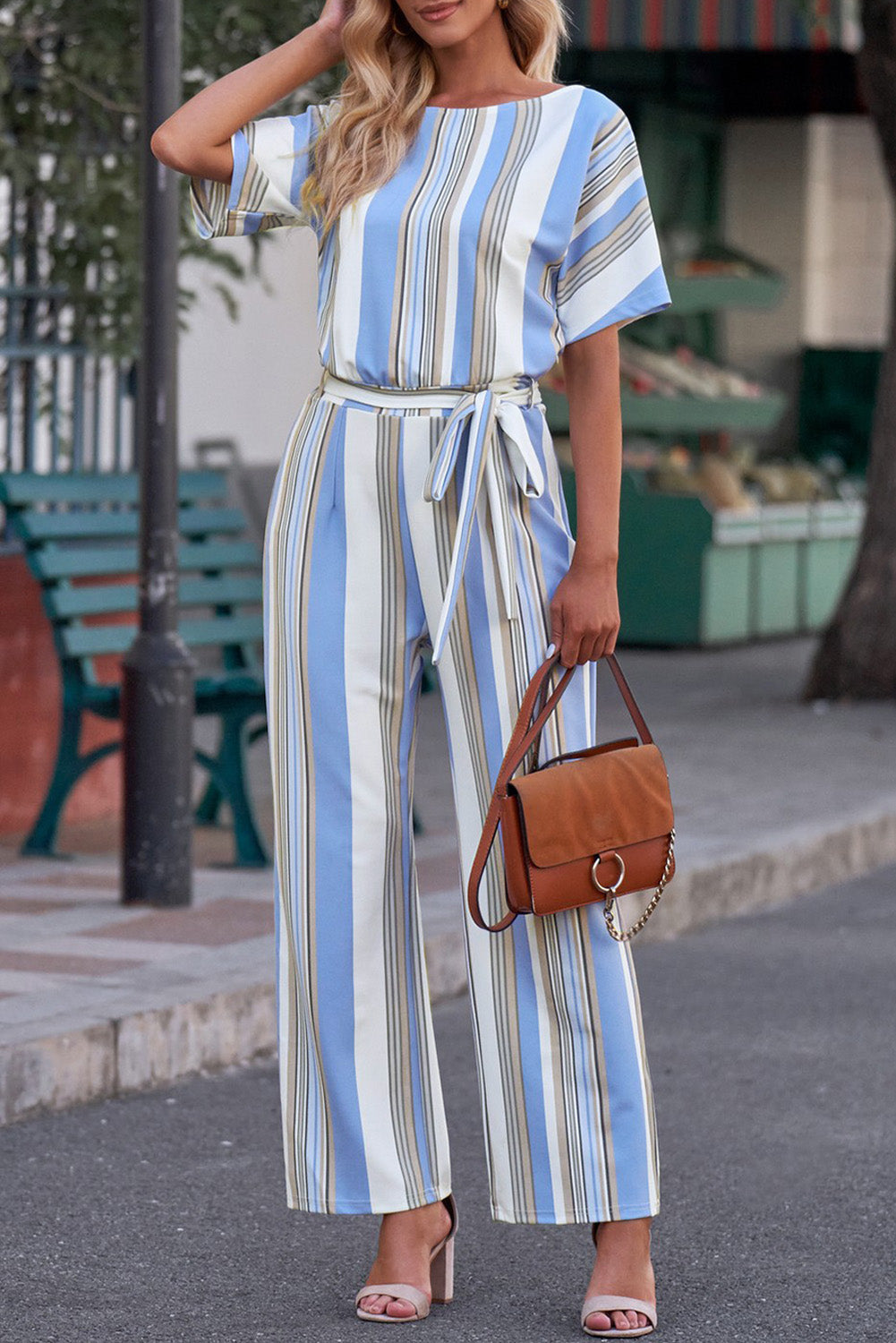 Tied Striped Round Neck Short Sleeve Jumpsuit