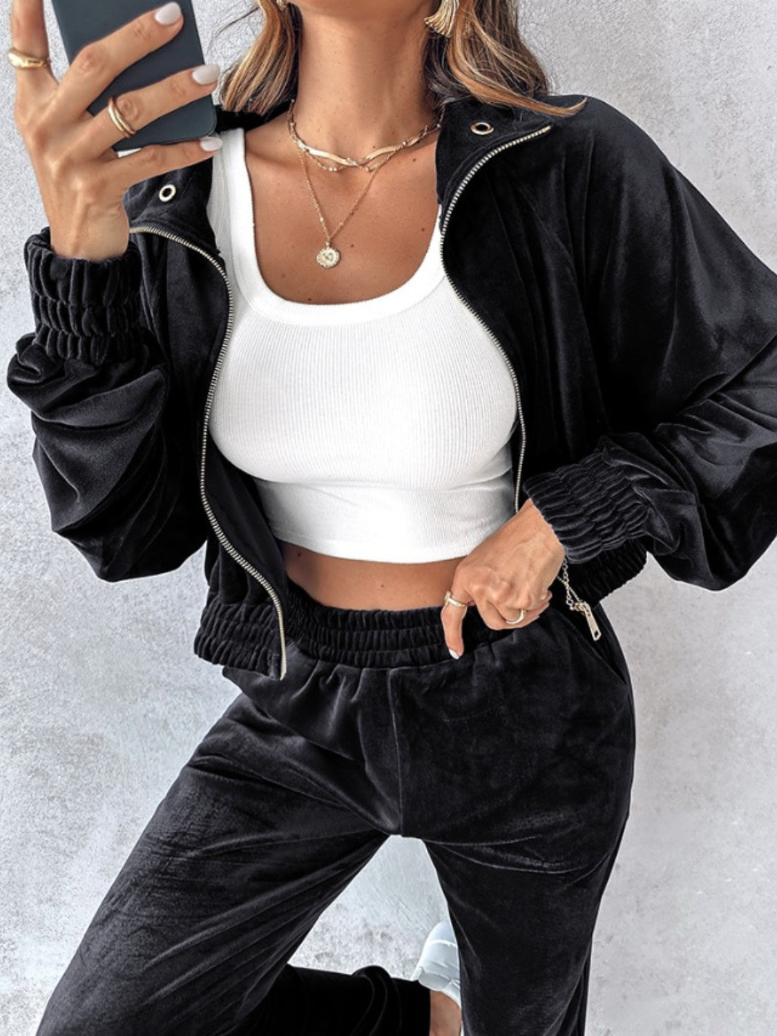 Zip Up Long Sleeve Cropped Top and Joggers Set