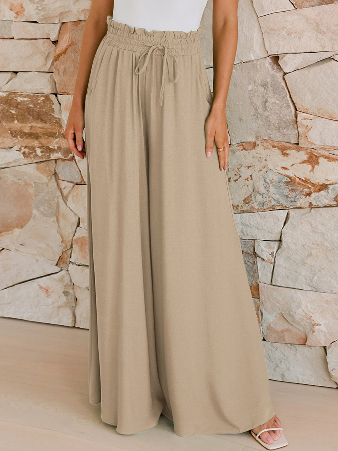 Drawstring Wide Leg Pants with Pockets