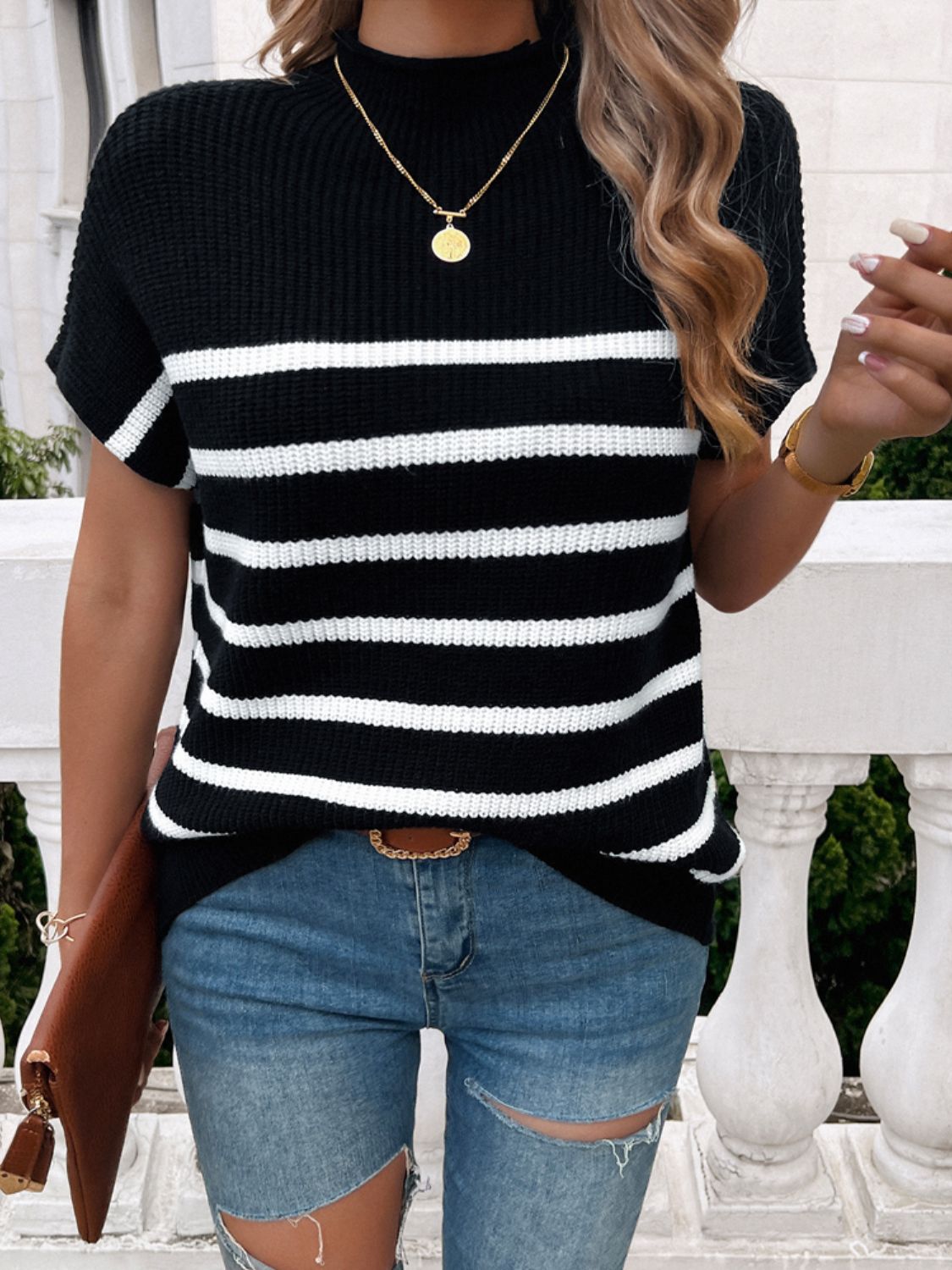 Devine Striped Mock Neck Short Sleeve Sweater