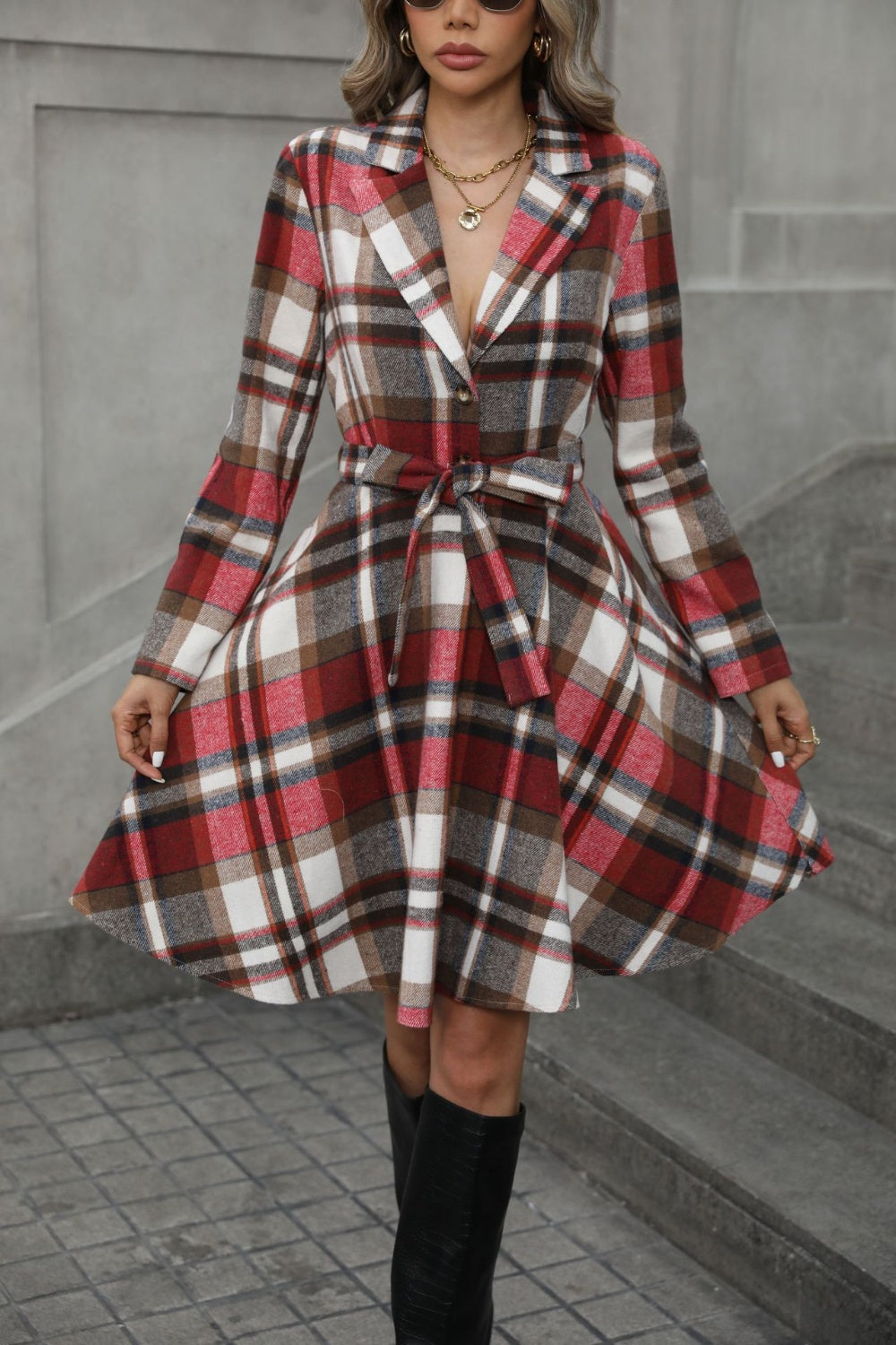 Plaid Tie Waist Long Sleeve Outerwear