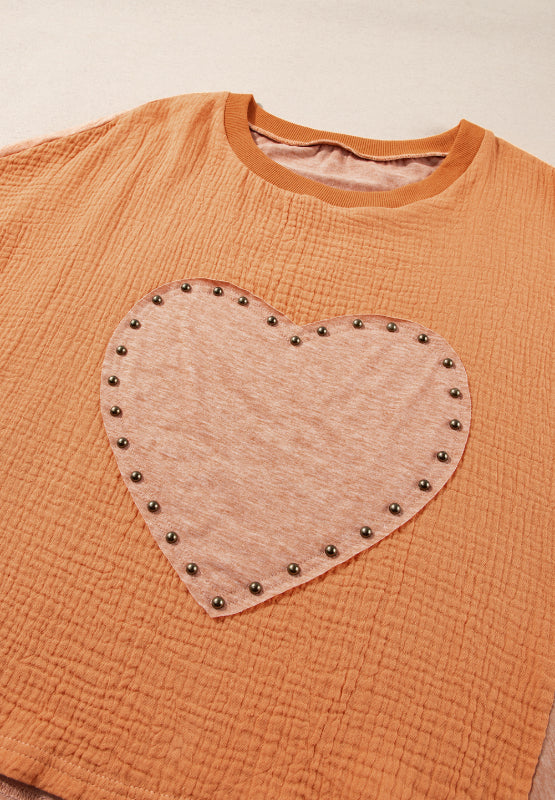 Stud Heart Patch Round Neck Short Sleeve T-Shirt