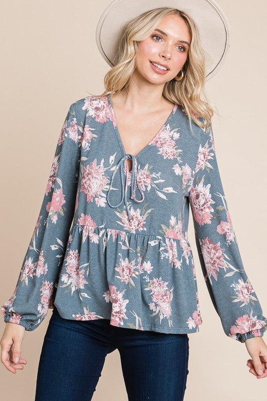 Super Lady Full Size Babydoll Floral Long Sleeve Blouse