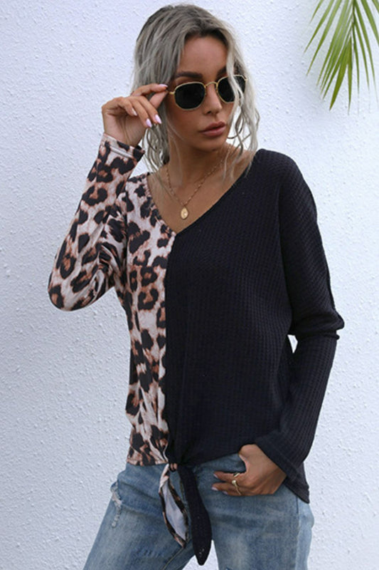 Perfee Leopard V-Neck Tie Front Top