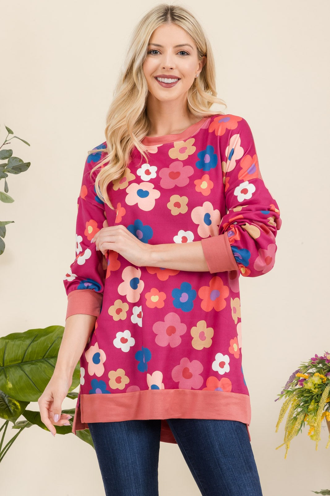 Celeste Full Size Side Slit Flower Print Long Sleeve Top